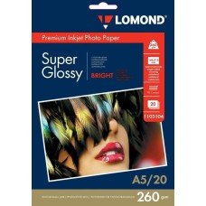 LOMOND Фотобумага A5, для струйной печати, 20л, 260г/м2, белый, покрытие высокоглянцевое [1103104]