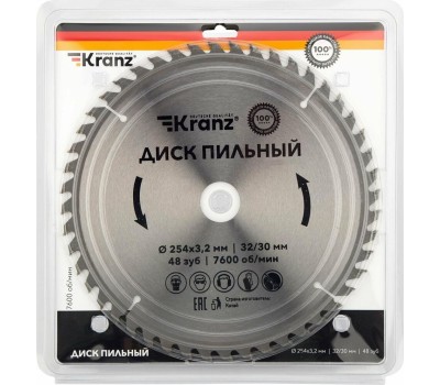 KRANZ (KR-92-0130) Диск пильный 254 мм х 48 зуб х 32/30 мм