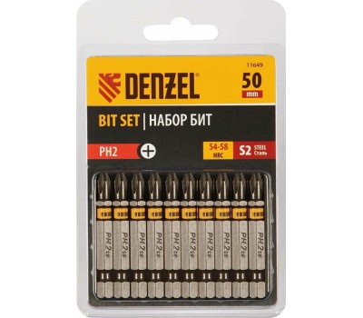 Набор бит DENZEL Набор бит PH2х50, сталь S2, шестигранный профиль, 10 шт. 11649