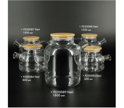 POMI D'ORO P250089 Neri Чайник заварочный стеклянный с фильтром-пружиной и бамбуковой крышкой, 1800мл