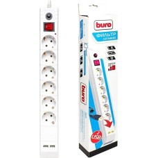 Сетевой фильтр BURO BU-SP3-USB-2A-B 3м 6 розеток белый