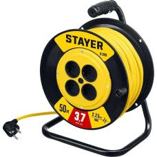 STAYER Удлинитель силовой 55070-50 2x2.5кв.мм 4розет. 50м ПВС 10A катушка желтый