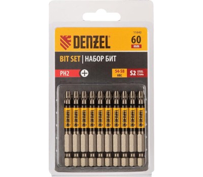 Набор бит DENZEL Набор бит PH2х60, сталь S2, круглый профиль, 10 шт. 11642