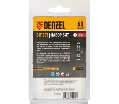 Набор бит DENZEL Набор бит PH2х60, сталь S2, круглый профиль, 10 шт. 11642