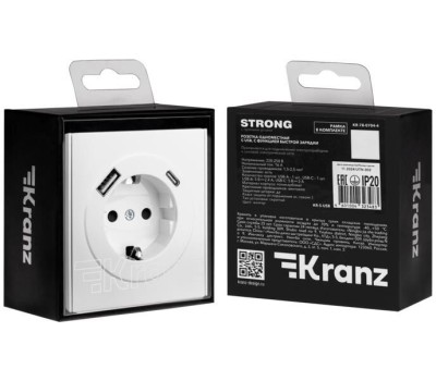 KRANZ Розетка STRONG 1-ая с/з с/у з/ш 16А с USB A+C быстрой зарядки 5В/3А жемчуг
