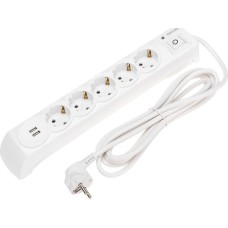 KRANZ Фильтр сетевой 5 гнезд, 3м, 3х1,5мм², с автовыкл, 2 USB, белый