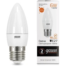 GAUSS Лампа светодиодная Elementary 6Вт цок.:E27 свеча 220B св.свеч.бел.теп. C37 (упак.:10шт) (33216)