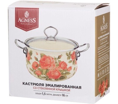 Кастрюля AGNESS 915-135 КОРЕЙСКАЯ РОЗА со ст.крышкой 1.5л
