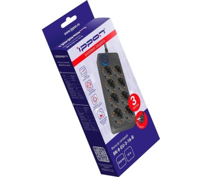 Сетевой фильтр IPPON Сетевой фильтр BK-8-EU-3-16-B, 3м, черный