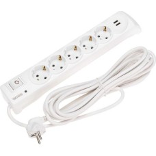 KRANZ Фильтр сетевой 5 гнезд, 5м, 3х1,5мм², с автовыкл, 2 USB, белый