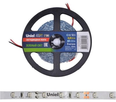 Светодиодная лента UNIEL (UL-00004360) ULS-M11-2835-60LED/m-8mm-IP20-DC12V-4,8W/m-5M-GREEN PROFI катушка в герметичной упаковке