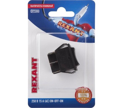 REXANT Переключатель клавишный 250В 15А (6с) вкл-выкл-вкл черный с нейтралью (1 шт/уп)