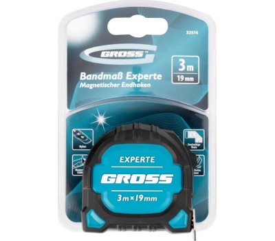 Рулетка GROSS Рулетка Experte,3 м x 19 мм,двухкомпонентный корпус,магнит,двухсторонняя разметка,нейлон 32574