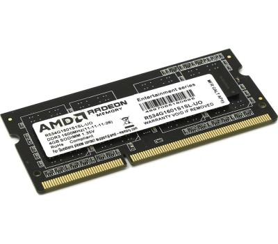 AMD RADEON Модуль памяти 4GB DDR3L 1600 SO DIMM R5 Entertainment Series Black R534G1601S1SL-UO Non-ECC, CL11, R534G1601S1SL-UO 1.35V, Bulk (180695)