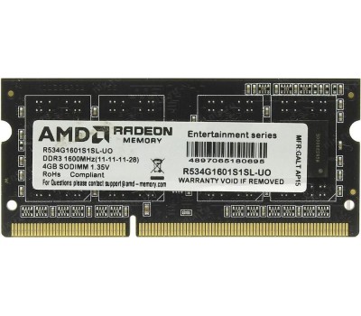 AMD RADEON Модуль памяти 4GB DDR3L 1600 SO DIMM R5 Entertainment Series Black R534G1601S1SL-UO Non-ECC, CL11, R534G1601S1SL-UO 1.35V, Bulk (180695)