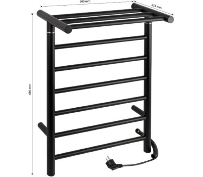 BRIMIX - Полотенцесушитель электрический, ЧЁРНЫЙ, КЛАССИК, ПРЕМИУМ, ПРЯМОЙ с ПОЛКОЙ, 680 х 500 х 235 мм, на 6 перекладин 95 W, из нержавеющей стали 304, тэн из углеродного волокна 09017B