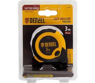 Рулетка DENZEL Рулетка 3м х 13мм, двухкомп. корпус, кнопка-пауза 31540
