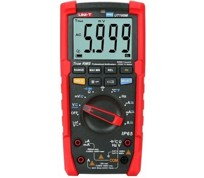 UNI-T Профессиональный мультиметр UT195M Напряжение постоянного/переменного тока (1000 В); постоянный/переменный ток (20А); Сопротивление (60 МОм); Емкость (60 мФ); Частота (40 МГц); Температура (1000 С)