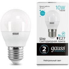 GAUSS Лампа светодиодная Elementary 10Вт цок.:E27 шар 220B св.свеч.бел.нейт. (упак.:10шт) (53220)