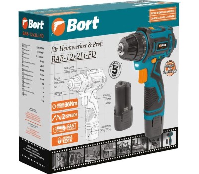 Аккумуляторная дрель BORT BAB-12X2LI-FD (2X1,5 AH)