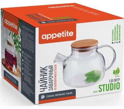Чайник заварочный APPETITE BMT-1000 Studio стекл бамб/кр 1,0л
