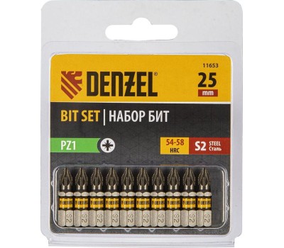 Набор бит DENZEL Набор бит PZ1х25, сталь S2, шестигранный профиль, 10 шт. 11653