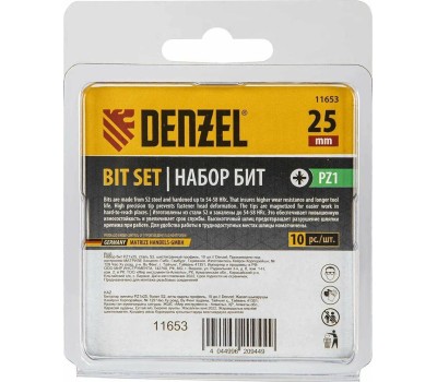 Набор бит DENZEL Набор бит PZ1х25, сталь S2, шестигранный профиль, 10 шт. 11653