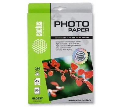 Фотобумага CACTUS Фотобумага CS-GA523050, A5, для струйной печати, 50л, 230г/м2, белый, покрытие глянцевое