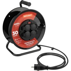 REXANT Удлинитель силовой КГ на катушке 4 гнезда, с/з, 30м, 3х2,5мм², IP44 с термозащитой, c защитными крышками, металлическая катушка