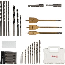 MATRIX Набор сверл комбинированный, сверла по металлу 1-6.5 мм, бетону 4-8 мм, дереву 4-10 мм, перовые 16,22,25 мм, биты 20 шт, адаптер, головки 2 шт, зенковка, 50 предметов Pro 725650