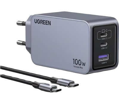 UGREEN Зарядное устройство X757 (25874) Nexode Pro 100W USB-A+2*USB-C GaN Tech Fast Charger EU с кабелем 1M 100W. Цвет: серый