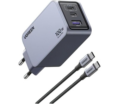 UGREEN Зарядное устройство X757 (25874) Nexode Pro 100W USB-A+2*USB-C GaN Tech Fast Charger EU с кабелем 1M 100W. Цвет: серый