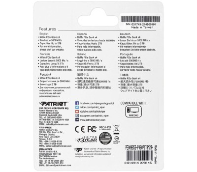 Накопитель SSD PATRIOT SSD накопитель P400 V4 2ТБ, M.2 2280, PCIe 4.0 x4, NVMe, M.2 [p400vp2tbm28h]