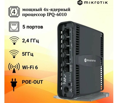 MIKROTIK Wi-Fi роутер hAP ax2, Wi-Fi 6, AX1800, 2.4/5ГГц, 4 LAN, черный [c52ig-5haxd2haxd-tc]