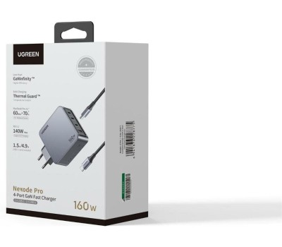 UGREEN Зарядное устройство X763 (25877) Nexode Pro 160W USB-A+3*USB-C GaN Tech Fast Charger EU с кабелем 1,5M 240W. Цвет: серый