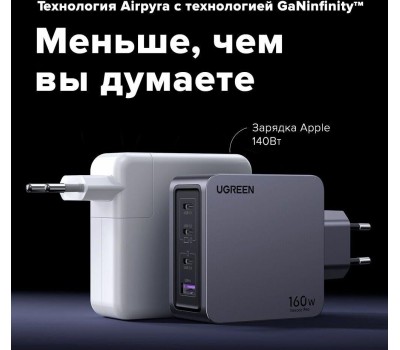 UGREEN Зарядное устройство X763 (25877) Nexode Pro 160W USB-A+3*USB-C GaN Tech Fast Charger EU с кабелем 1,5M 240W. Цвет: серый