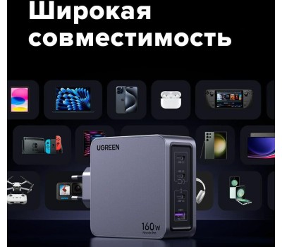 UGREEN Зарядное устройство X763 (25877) Nexode Pro 160W USB-A+3*USB-C GaN Tech Fast Charger EU с кабелем 1,5M 240W. Цвет: серый