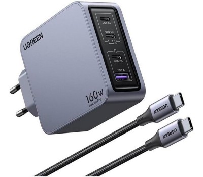 UGREEN Зарядное устройство X763 (25877) Nexode Pro 160W USB-A+3*USB-C GaN Tech Fast Charger EU с кабелем 1,5M 240W. Цвет: серый