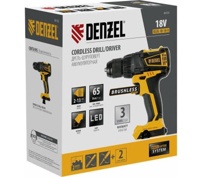 Аккумуляторная дрель DENZEL Дрельшуруповерт аккумуляторная, бесщет. BLDLIB180, LiIon, 18 В Denzel 26122 (Без АКБ)