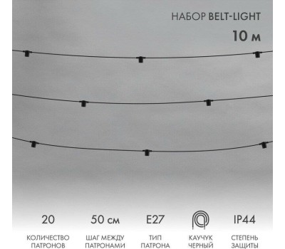 Светильники накладные NEON-NIGHT (331-331) 'Белт-Лайт' 2 жилы 10 м, черный каучук, шаг 50 см, 20 патронов Е27, шнур 3 м, IP44, соединяется