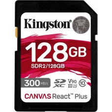 Карта памяти KINGSTON Карта памяти SDXC UHS-II U3 Canvas React Plus 128 ГБ, 300 МБ/с, Class 10, SDR2/128GB, 1 шт., без адаптера