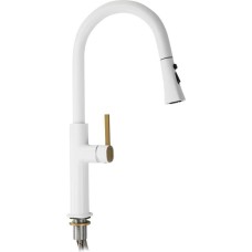 МАГНУС - Смеситель кухонный, шаровый, С - образный излив вытяжной, корпус из латуни белого цвета 8238