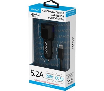 ЗАРЯДНЫЕ УСТРОЙСТВА В ПРИКУРИВАТЕЛЬ MAXVI CCM-522 black 5.2A, 2USB, QC3.0, цвет: черный, подсветка: синяя