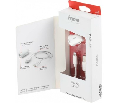 HAMA Автомобильное зарядное устройство H-183266, USB-A, 8-pin Lightning, 12Вт, 2.4A, белый [00183266]