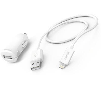 HAMA Автомобильное зарядное устройство H-183266, USB-A, 8-pin Lightning, 12Вт, 2.4A, белый [00183266]