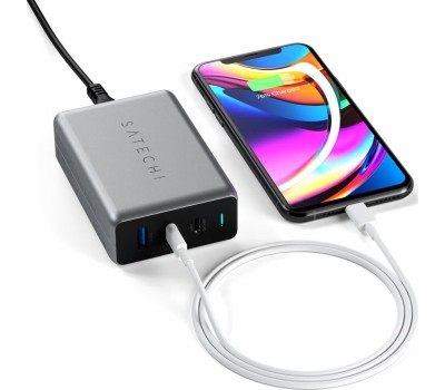 SATECHI Сетевое зарядное устройство Compact Charger с технологией GaN Power. Порты: USB Type-C 100 Вт х 2, USB Type-A до12 Вт. Цвет: серый космос
