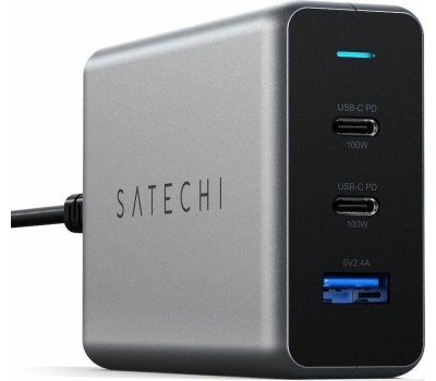 SATECHI Сетевое зарядное устройство Compact Charger с технологией GaN Power. Порты: USB Type-C 100 Вт х 2, USB Type-A до12 Вт. Цвет: серый космос