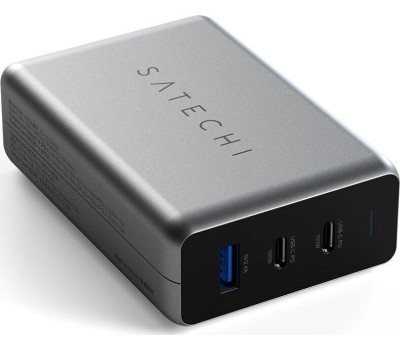 SATECHI Сетевое зарядное устройство Compact Charger с технологией GaN Power. Порты: USB Type-C 100 Вт х 2, USB Type-A до12 Вт. Цвет: серый космос