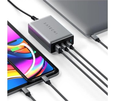 SATECHI Сетевое зарядное устройство Compact Charger с технологией GaN Power. Порты: USB Type-C 100 Вт х 2, USB Type-A до12 Вт. Цвет: серый космос