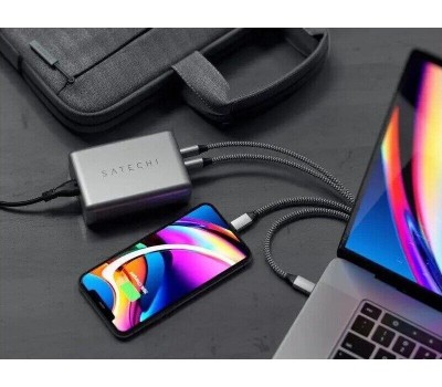 SATECHI Сетевое зарядное устройство Compact Charger с технологией GaN Power. Порты: USB Type-C 100 Вт х 2, USB Type-A до12 Вт. Цвет: серый космос